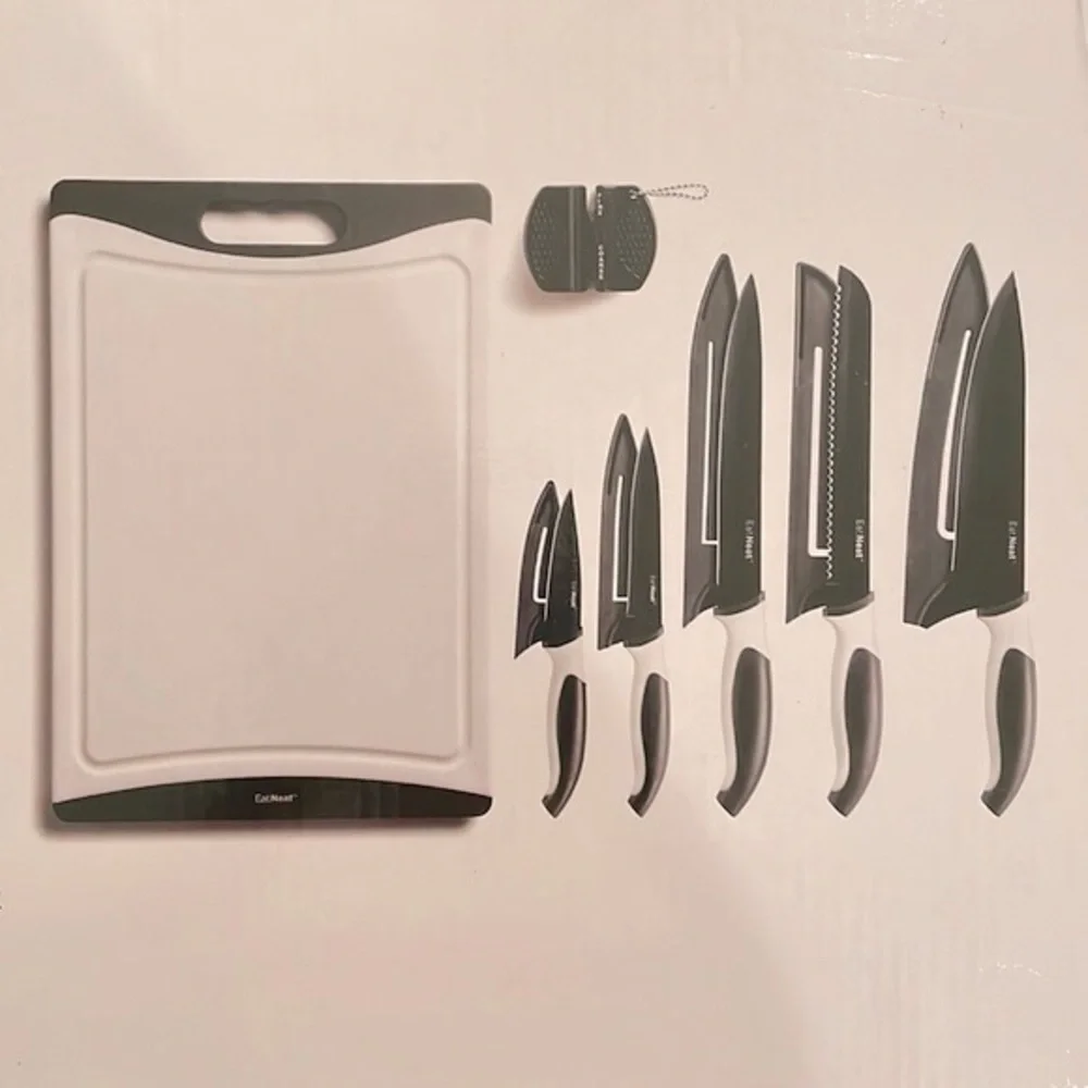 Brand New 12 Piece Kitchen Knife Set Safety Sheaths Cutting Board Sharpener